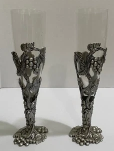 2 HAND BLOWN GLASS, GRAPEVINE PEWTER BASE CHAMPAGNE FLUTES, 8" TALL - Picture 1 of 1