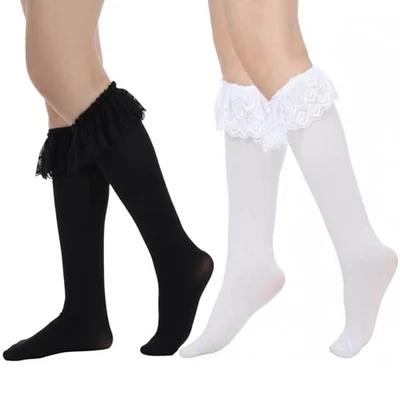 2 pares de calcetines de encaje hasta la rodilla largos blancos y negros con volantes pila de encaje  Foto 1 de 4