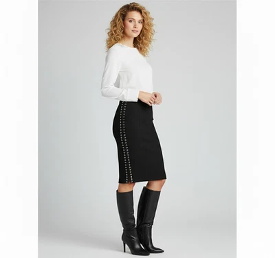 NWT Catherine Malandrino Ponte Lace Up Side Pencil Skirt in Noir Black L $245 - Image 1 of 4
