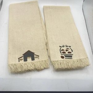 2 Vintage Woven Hand Tea Towels New Primitive Fringe Farmhouse Unbleached - Picture 1 of 4