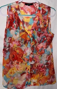 Blusa transparente multicolor con volantes sin mangas Eric Signature L para mujer - Imagen 1 de 5