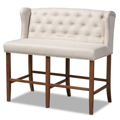 Bowery Hill Beige Upholstered Walnut Finished Bar Stool Bench - Image 1 of 4