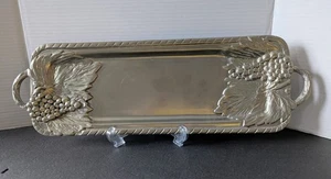 Vintage Pewter Serving Tray w/ Handles, Grapes & Grape Leaves 21" x 7" x 1" - Picture 1 of 9