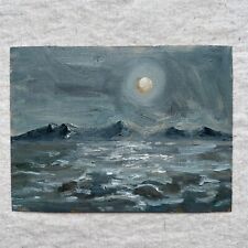 Moon Night Seascape Painting Mountains Original Oil painting Small wall art