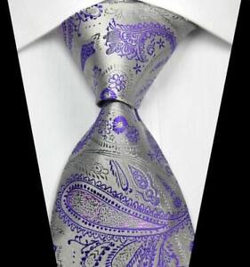 Hot! Classic Paisleys Silver Purple JACQUARD WOVEN 100% Silk Men's Tie Necktie