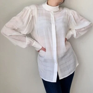 Vintage 80s Messages White Semi Sheer Check Pattern Puff Sleeve Blouse 12 - Picture 1 of 10