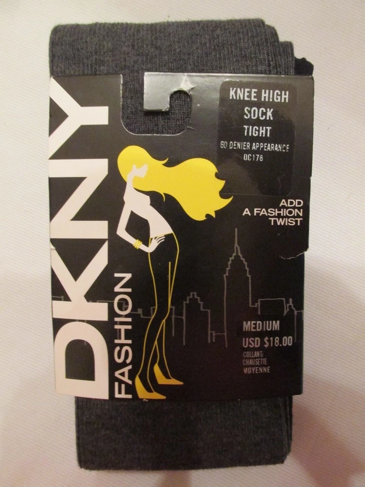 DKNY Fashion Knee High Sock Tight 60 Denier Black Gray #oc178 Size Med