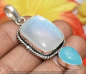 Blue Agate(Lab) & Chalcedony Gemstone Pendant 925 Silver Plated U312-A222 - Picture 1 of 1
