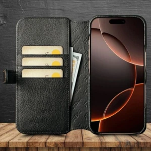 Luxury Real Genuine Leather Wallet Case for iPhone 16 Pro / Pro Max / 16/16 Plus - Picture 1 of 18