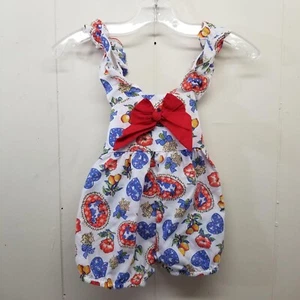 Vintage Girls Romper 6-9 Months White Red Floral Fruit Farm Country Bow Sleevele - Picture 1 of 6