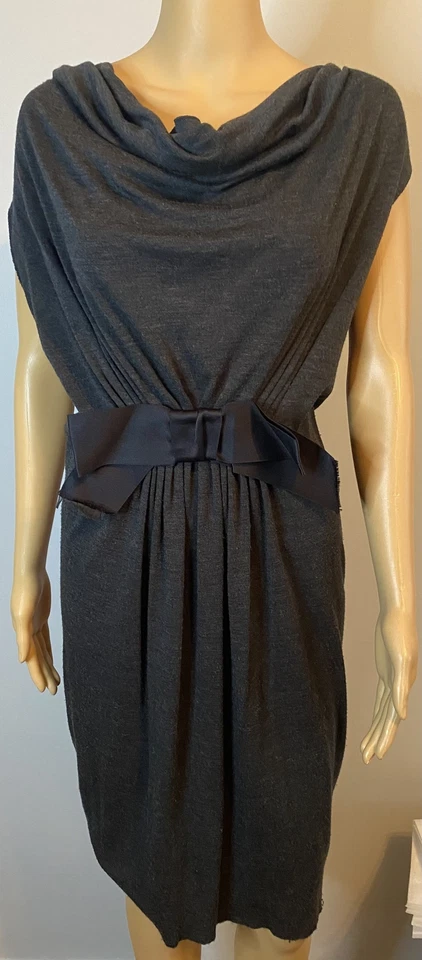 LANVIN grey wool ruched dress with black satin bow SZ 42 - Image 1 of 4