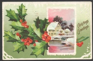 Vintage Embossed CHRISTMAS Postcard Holly Berries & Snow Covered Home Scene - Picture 1 of 6