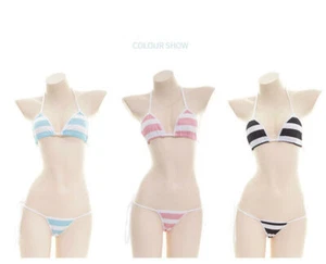 Sukumizu Swimsuit Swimwear Japanese Sweet Lolita Stripe Bikini Suit Women Girl - Picture 1 of 11