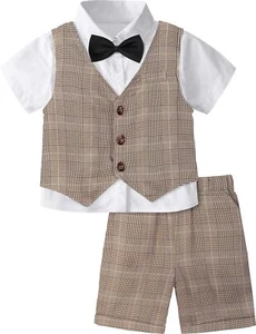 Baby Boys Suit Infant Gentleman Wedding Formal Plaid Outfit Tuxedo Short Set ... - Picture 1 of 6