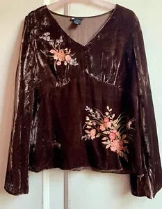 Fab *CAROL LITTLE* Brown Embroidered Silk Velvet Top L - Picture 1 of 5
