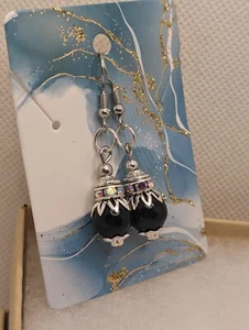 Black And Silver Beaded Obsidian Beaded Earrings - Picture 1 of 2