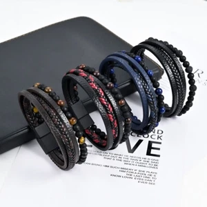 Faux Leather Braided Surfer Wristband Bracelet Charms Beaded Bangle Men Gift - Picture 1 of 27