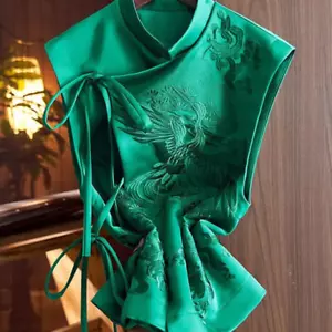 Women Waistcoat Chinese Embroidery Satin Lace Up Vest Sleeveless Tang Suit Top - Picture 1 of 14