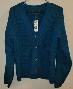 Sweater Sz 0 Greenish Blue Fashion To Figure Button Up Cardigan NWT Cable Knit - Picture 1 of 7