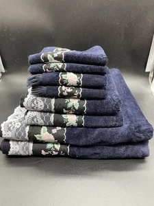 8 Piece Towel Set Navy Floral Trim After Bath Luxury by J Abouchar & Sons - Picture 1 of 5