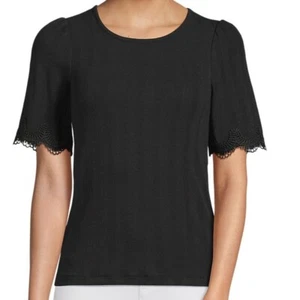 Lands' End Women's Black Pointelle Top with Lace Trimmed Sleeves Size 1X New - Picture 1 of 8