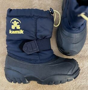 Boy's Girl's KAMIK Kids Navy Blue Yellow Snow Boots w/ Removable Lining Kid's 9