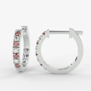 Natural Ruby & Round Cut Diamond 0.30 Carat Hoop Earrings In White Gold - Picture 1 of 8