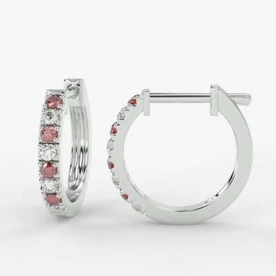 Natural Ruby & Round Cut Diamond 0.30 Carat Hoop Earrings In White Gold - Image 1 of 4