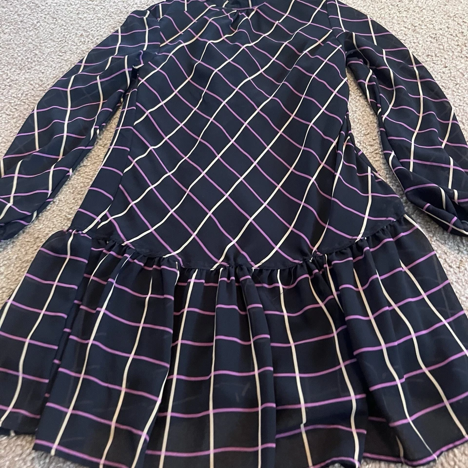 $225 Milly Kid's Girl's Black Rori Windowpane Chiffon Dress Size 10 Long Sleeve - Image 1 of 4