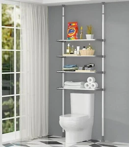 4 Tier Bathroom Storage Rack Toilet Organizer Adjustable Shelves White/Gray - Picture 1 of 4