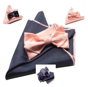 Completo uomo CRAVATTA A FARFALLA e fazzoletto papillon blu ROSA a righe e unito - Picture 1 of 2