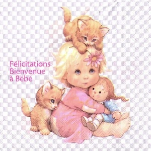 Serviettes en papier bébé naissance fille chat. Napkins birth girl baby cat - Picture 1 of 1