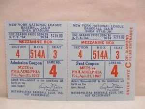 Vintage 1967 New York Mets vs Phillies Unused Ticket Stub Shea Stadium 4/21/67 - Picture 1 of 4