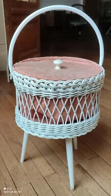 Petite Travailleuse blanche Vintage osier/bois/plastique/couture vintage - Photo 1/4