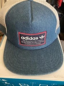 Adidas 3 Stripes Denim Trucker Hat Cap SnapBack Mesh - Picture 1 of 6