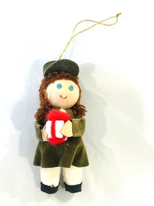 Vintage Christmas Ornament Girl Green Felt Holding Gift Present 3.5" - Picture 1 of 7