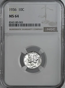 1936-P  10C  MERCURY SILVER DIME  "PHILADELPHIA MINT"  NGC MS64 #8345180-065 - Picture 1 of 4