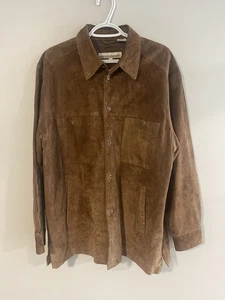 Mens Vintage Perry Ellis Brown Suede Shirt Jacket Size L Button Front Classic - Picture 1 of 4