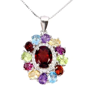 925 Sterling Silver Necklace Oval Mozambique Garnet 8x6mm Amethyst Gemstone 18in - Picture 1 of 14