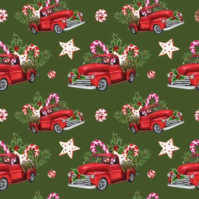 MARSHALL DRY GOODS Christmas Loaded Down Red Truck on Green 100% Cotton Fabric