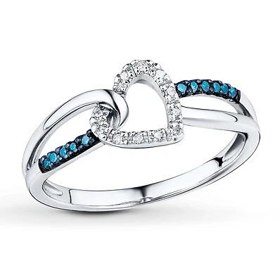 1/10 Ct Blue & White Diamond Engagement Heart Ring -IGI- in 10K White Gold  - Image 1 of 4
