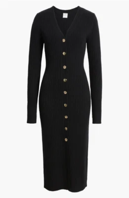 NWOT, Nordstrom Harbison Long Sleeve Rib Midi Sweater Dress in Black SZ L #S8061 - Image 1 of 4