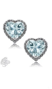 1.89 CT HALO HEART AQUAMARINE STUD EARRINGS 14K WHITE GOLD PLATED OVER SILVER - Picture 1 of 1