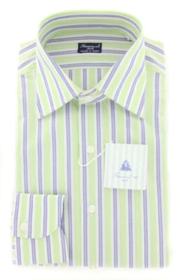 Camisa de algodón a rayas Finamore Napoli verde blanco, azul marino 15,75/40 Foto 1 de 4