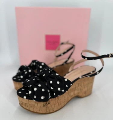 Kate Spade Julep Double Bow Platform Wedge Sandals sz 8 Black Polka Dot Cork - Image 1 of 4