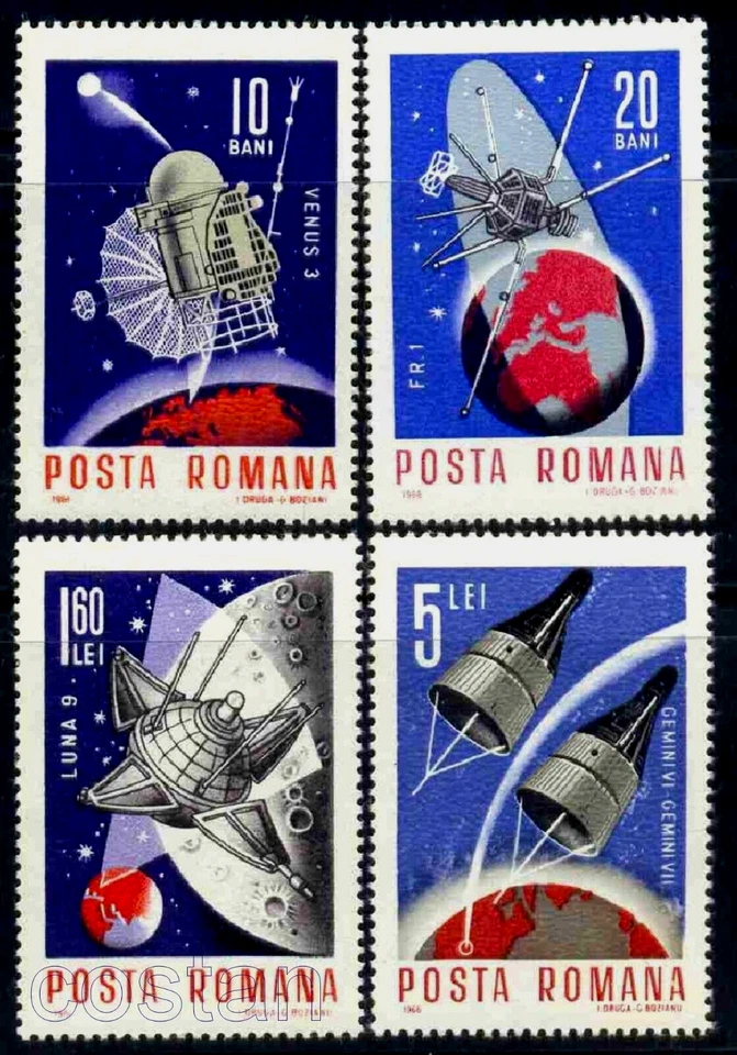 Space Conquest 1966, satélites, Venus 3, FR 1, Luna 9, Géminis, Rumania, Mi.2509, MNH Foto 1 de 1