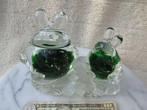 Giant Crystal Art Glass Paperweight featuring 2 delightful green/clear Frogs! - Picture 1 of 12