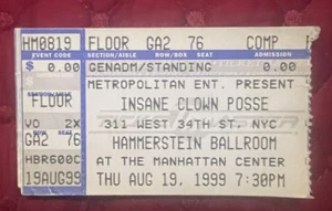 Talón de boleto Insane Clown Posse Hammerstein salón de baile Nueva York 19 de agosto de 1999 - Imagen 1 de 2