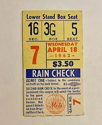 Ticket NY Mets St Louis Cardinals Polo Grounds 1st pinch hit HR April 18, 1962 - Image 1 of 2