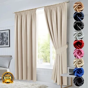 Thick Thermal Blackout Curtains Pencil Pleat Ready Made Pair & 2 Tie Backs - Picture 1 of 62